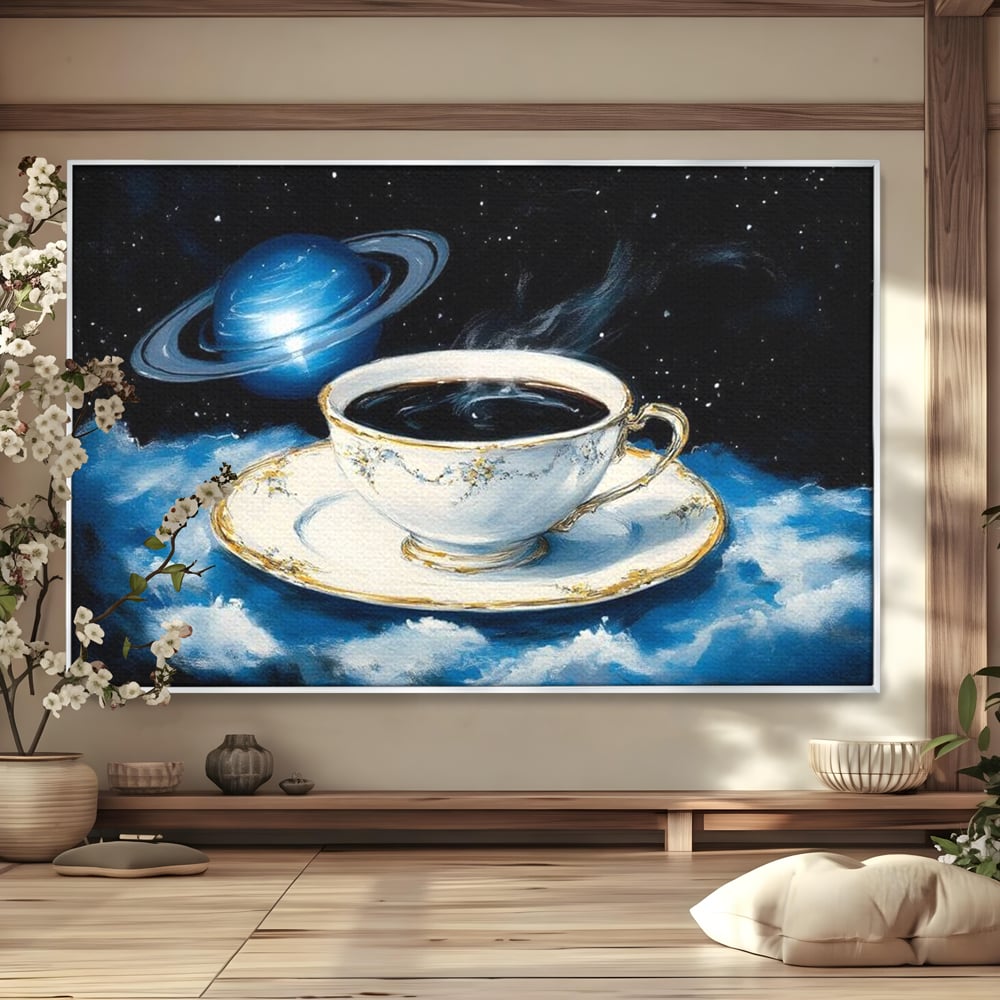 Tablou canvas cu tablou canvas cu ceasca si planeta, in rama de aluminiu argintiu